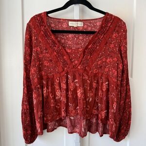 Penelope Rose Womens Medium Rust Red Floral Pintuck Lace Peasant Blouse Boho Top
